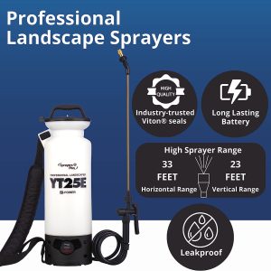 Sprayers Plus YT25E Battery Sprayer – 12V Lithium-ion with Viton Seals & O-Ring, Brass Wand & Nozzle & Shoulder Strap, 2 Gallon